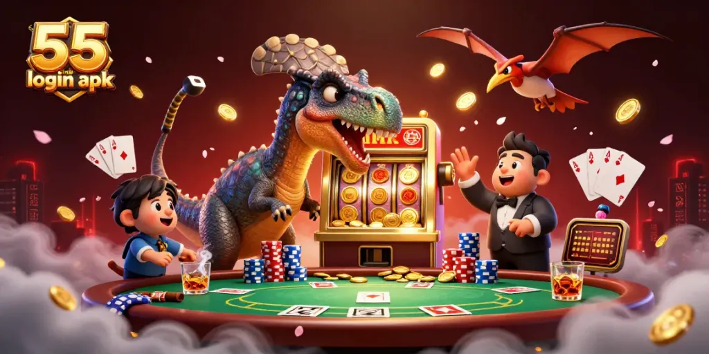 Experience 55 club login apk with a fun 3D illustration of gambling excitement at a casino.
