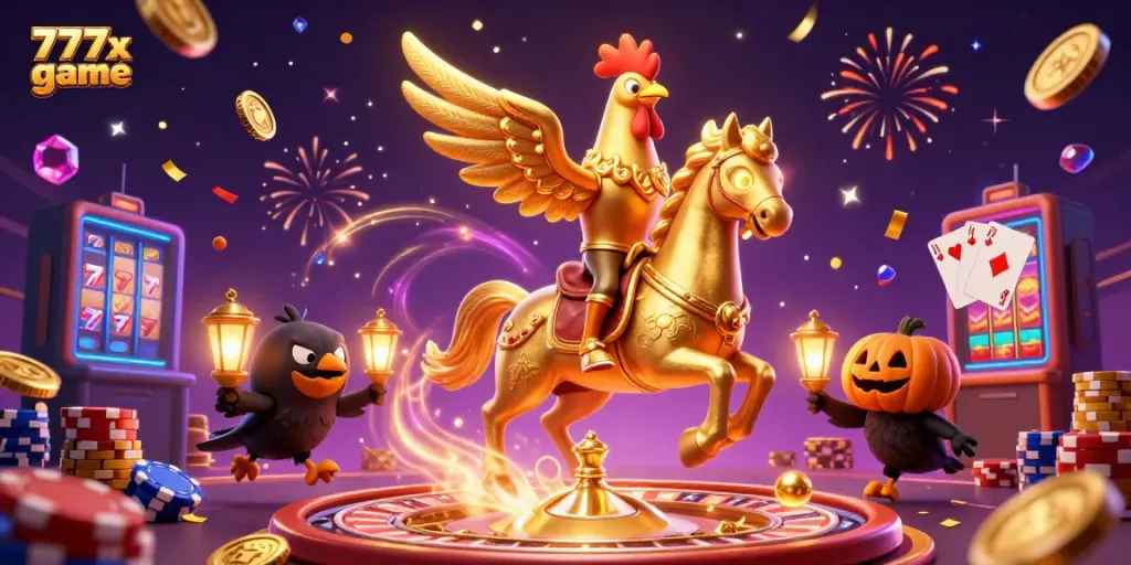 Experience the thrill of 777x game with a vibrant casino scene filled with golden coins, a golden rooster, and magical energy.