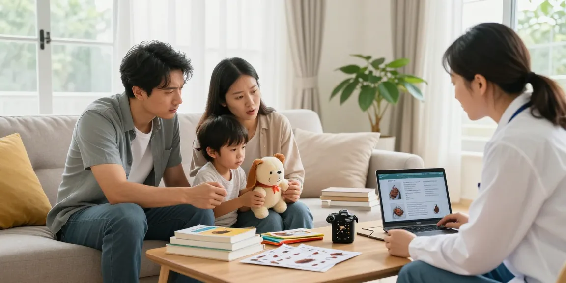 Family discussing bed bug pest control solutions with expert guide in modern living room.