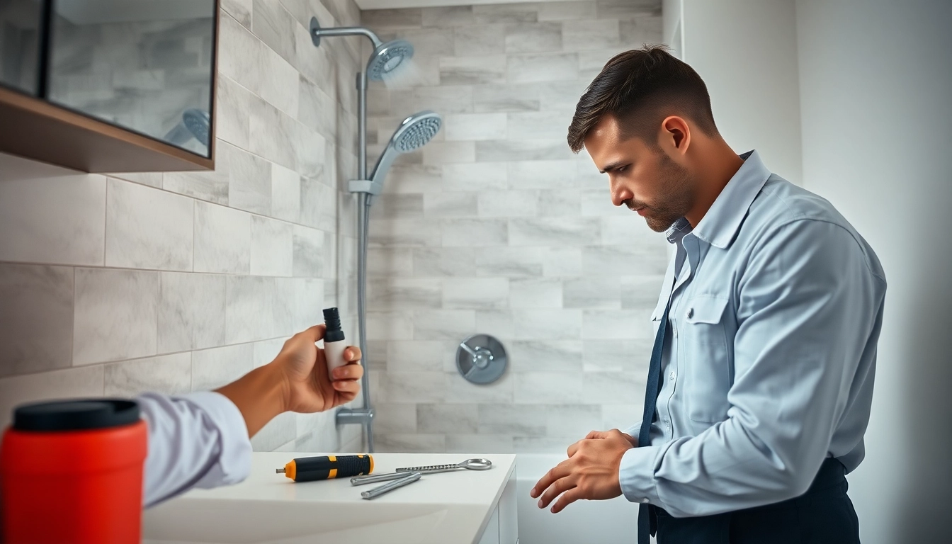 Plumber troubleshooting a shower not working in a contemporary bathroom.