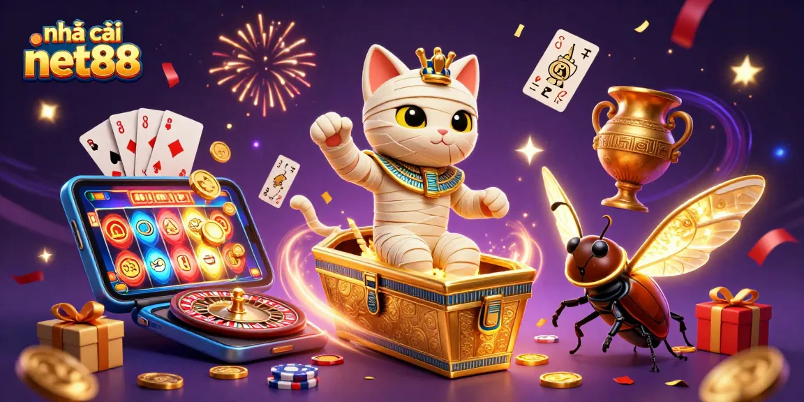 Engaging scene featuring the nhà cái net88 animated mummy cat amidst vibrant casino elements.
