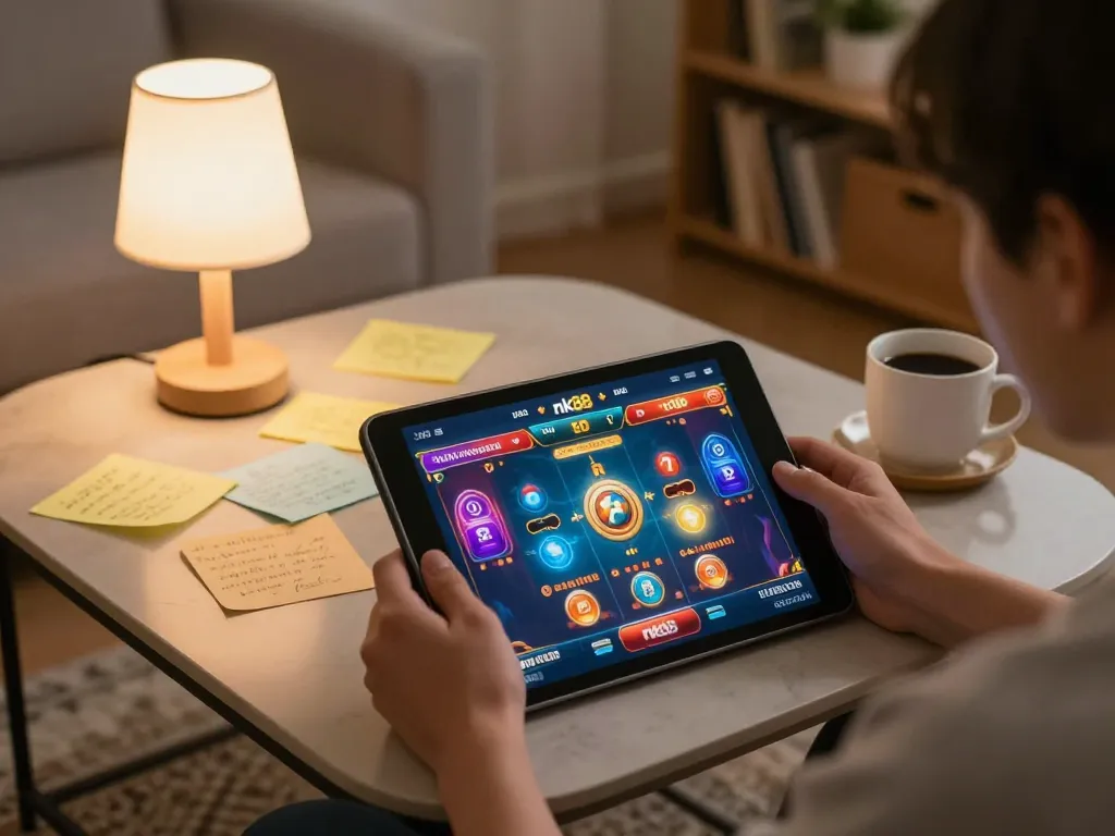 Engaging online gaming scene featuring nk88 on a tablet in a cozy home setting with strategic notes.