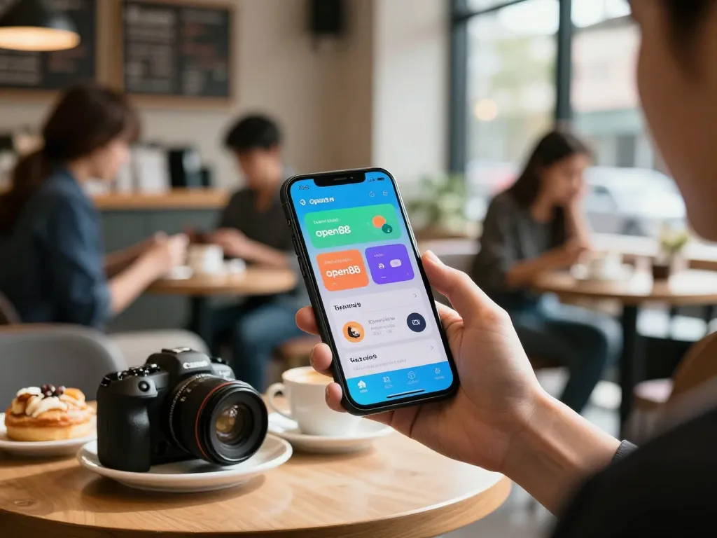 Engaging scene of a player aiming to tải app open88 on their smartphone in a cozy coffee shop.