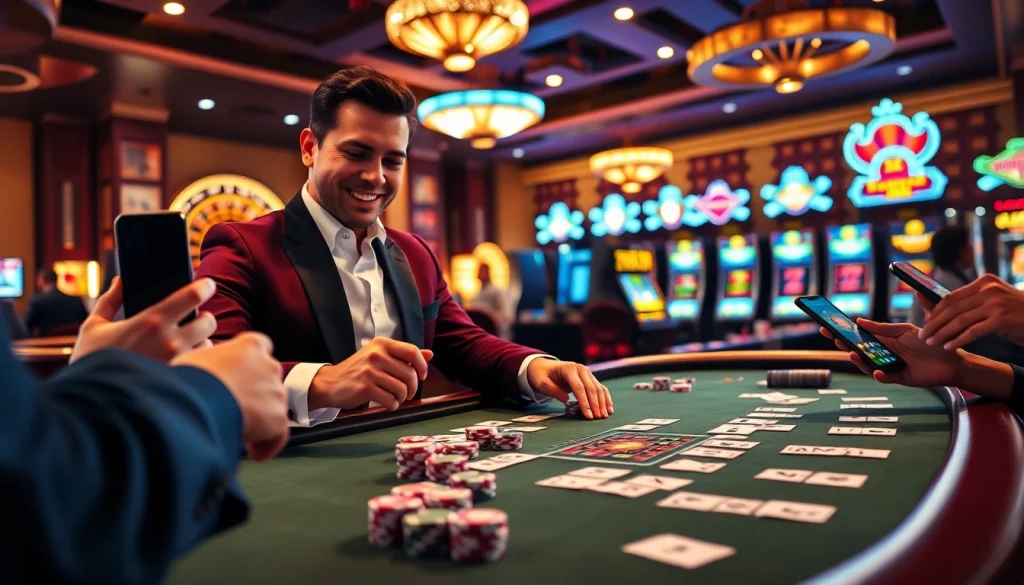 Exciting casino scene with players using their phones to tải app kjc while engaging at the table.