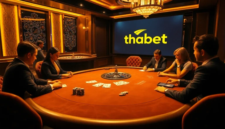 Experience thrilling poker action with thabet.com at a luxurious casino table setting.