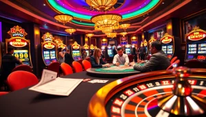 Experience the excitement of 98 win at a vibrant casino filled with slot machines and poker tables.