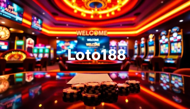 Experience excitement at loto188.gb.net with vibrant casino elements like roulette, slots, and poker chips.