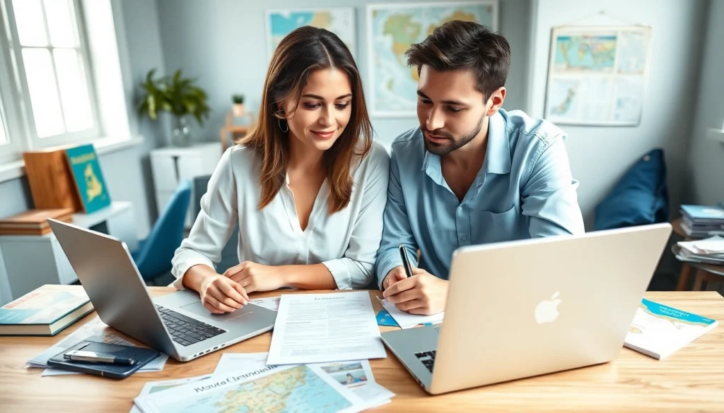 Couple focusing on the eta uk application form in a bright and organized workspace.