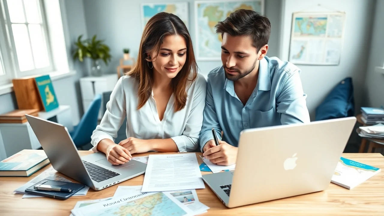 Couple focusing on the eta uk application form in a bright and organized workspace.