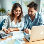 Couple focusing on the eta uk application form in a bright and organized workspace.