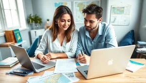 Couple focusing on the eta uk application form in a bright and organized workspace.