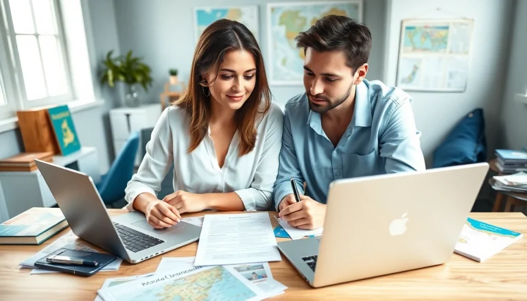 Couple focusing on the eta uk application form in a bright and organized workspace.