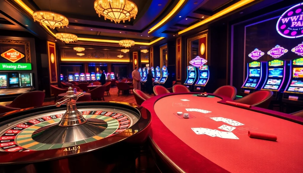 A vibrant casino atmosphere showcasing poker, roulette, and slot machines at ww88.
