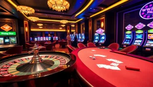 A vibrant casino atmosphere showcasing poker, roulette, and slot machines at ww88.