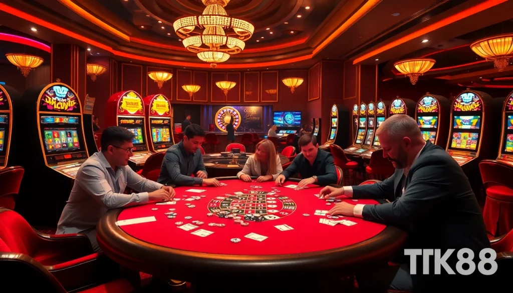 Engage in thrilling gameplay at TK88's luxurious casino tables filled with vibrant poker chips and dice.