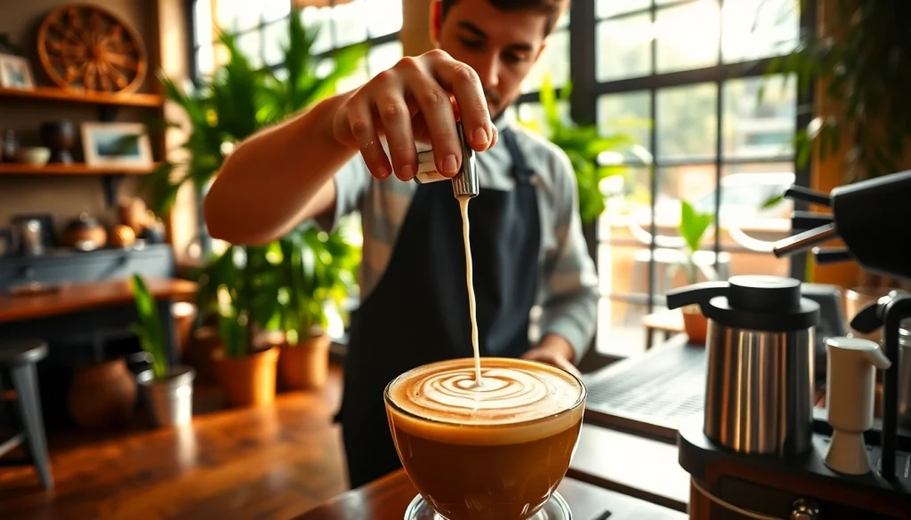 Découvrez un Coffee shop lloret de mar accueillant avec un barista préparant un latte.