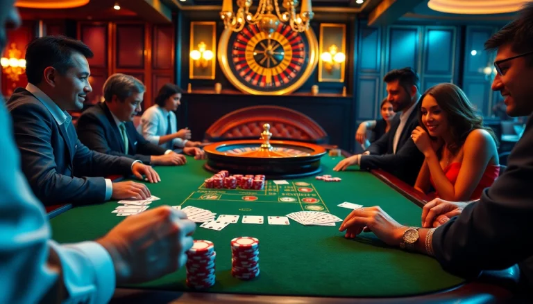 SODO Casino: Engaged gamblers at an upscale poker table with high-stakes chips and cards.