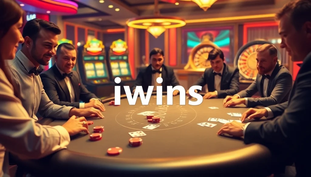 Experience the thrill of iwins at a luxurious poker table surrounded by excited gamblers.