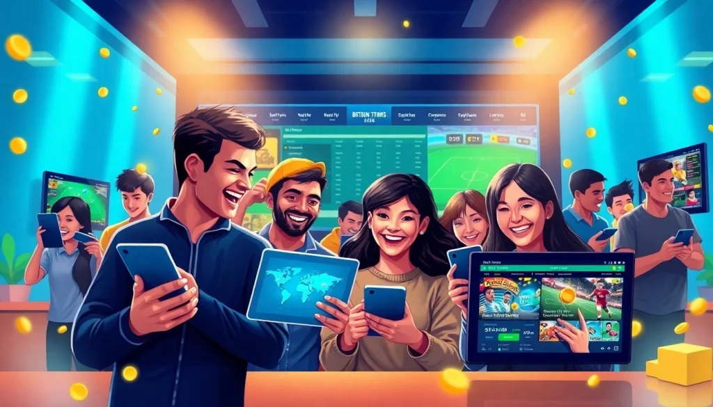 Engaging scene of diverse individuals enjoying online betting on 98winwin.live with vibrant graphics.