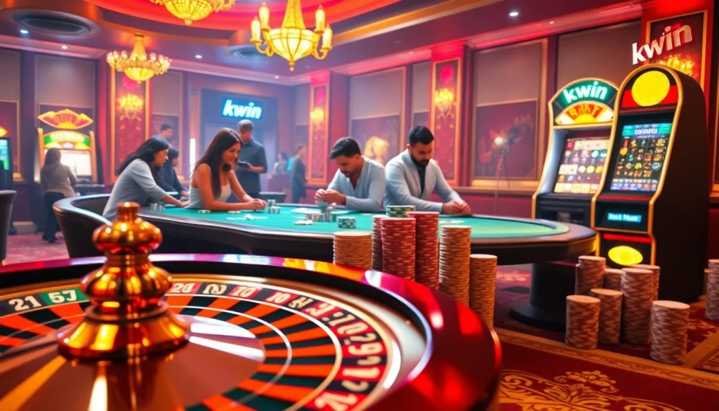 Kwin enhances the excitement at a vibrant casino scene with players enjoying roulette and poker.