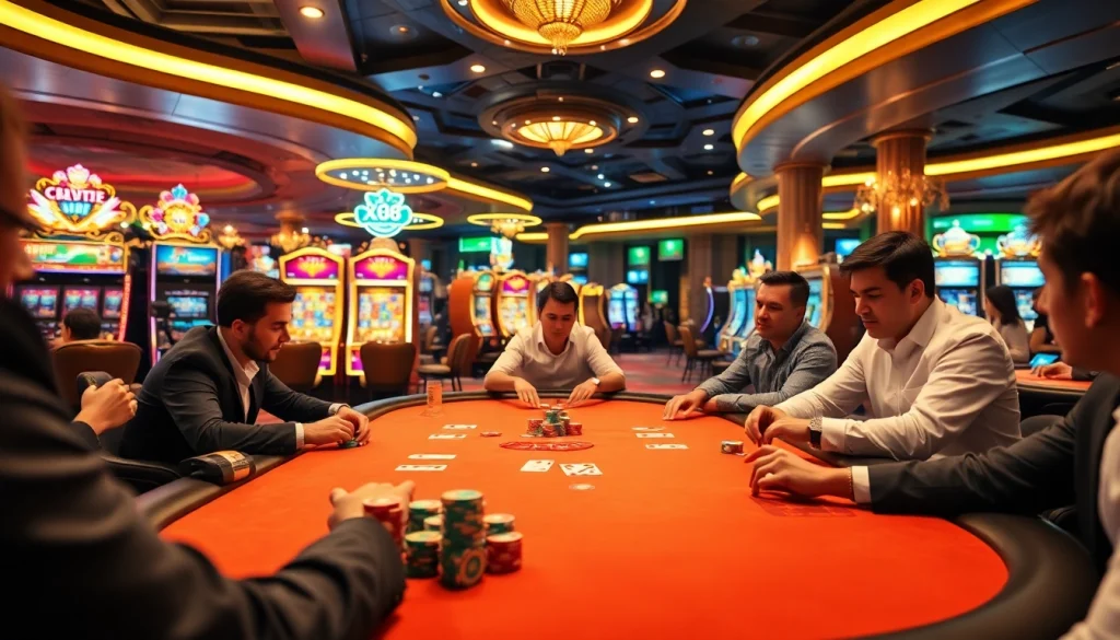 X88 casino experience showcasing players enjoying poker and vibrant slot machines.