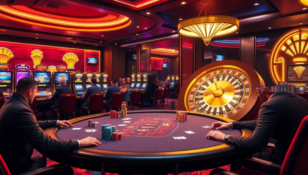 Players engaging in an exciting poker game at 123win com casino, showcasing vibrant chips and cards.