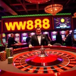Experience the excitement of gambling at the WW88 roulette table with vivid poker chips and players.