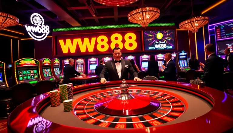 Experience the excitement of gambling at the WW88 roulette table with vivid poker chips and players.