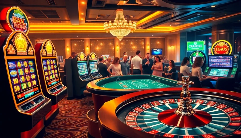 Experience exciting gameplay at https://u888hv.com/ with vibrant casino elements like slot machines and poker chips.