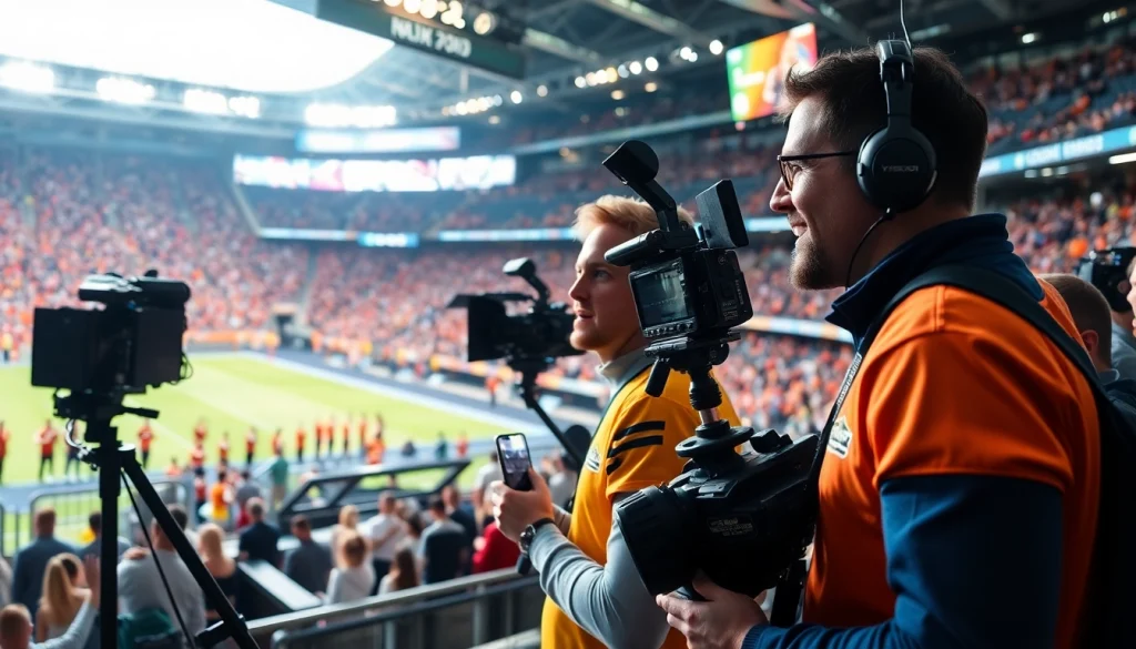 Sports Broadcasting crew capturing thrilling game moments with vibrant fans cheering.