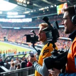 Sports Broadcasting crew capturing thrilling game moments with vibrant fans cheering.