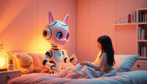 Engaging character ai nsfw interaction in a cozy bedroom, featuring a vibrant AI character and ambient lighting.