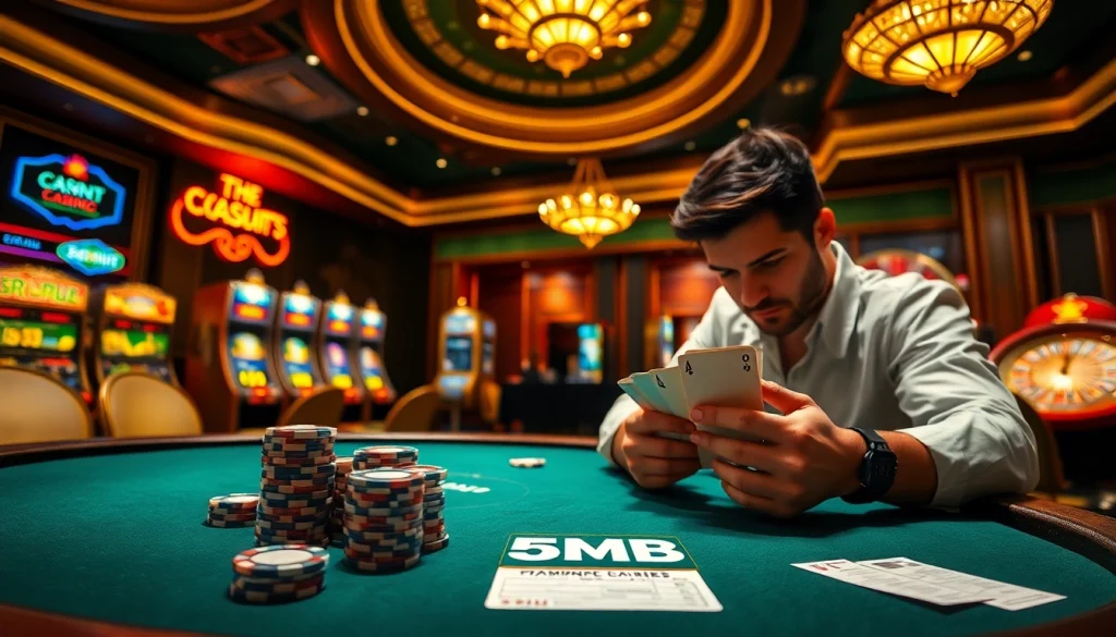 Engaging casino scene with poker chips and cards alongside a digital 5MB betting slip.