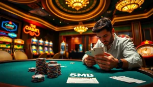 Engaging casino scene with poker chips and cards alongside a digital 5MB betting slip.