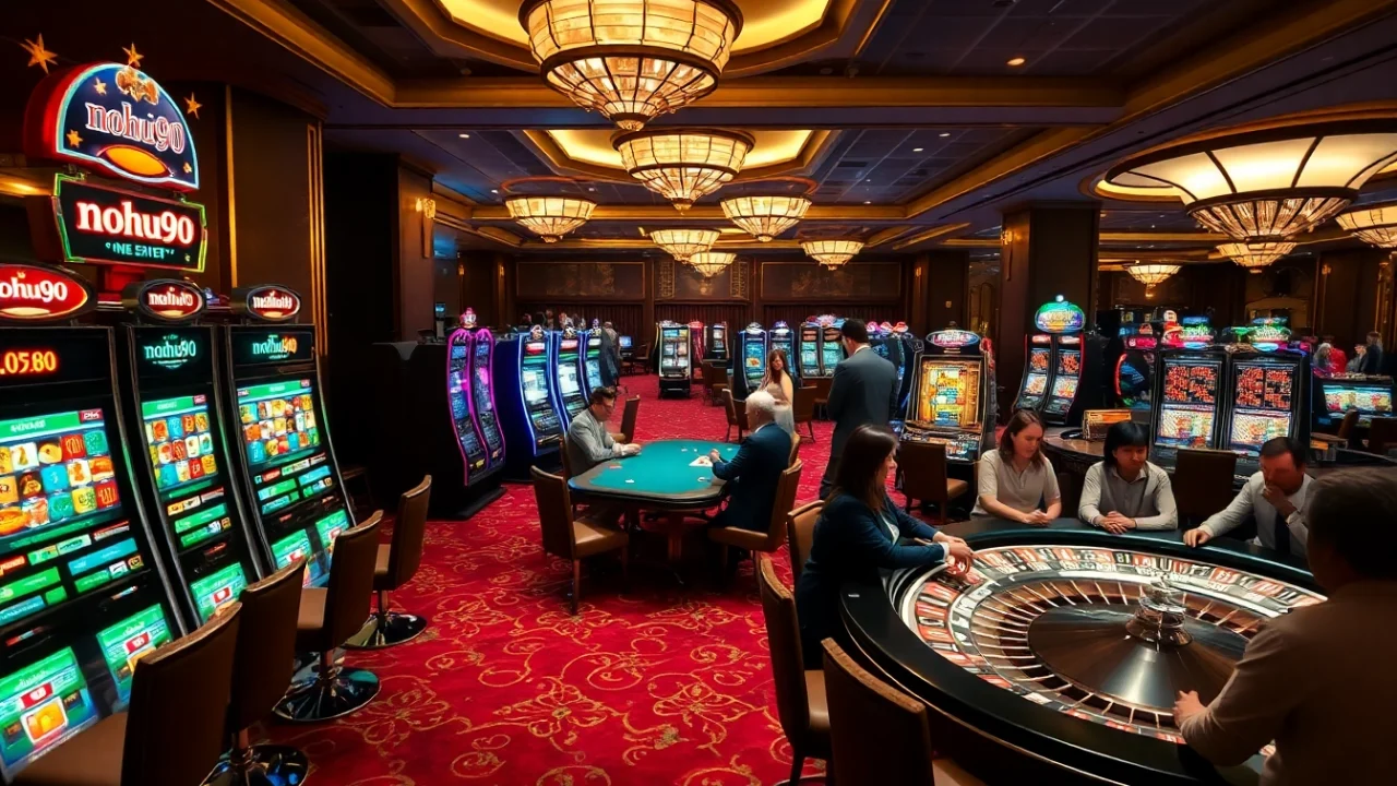 Players engage at nohu90 casino tables, celebrating wins with dealer and vibrant slot machines.