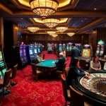Players engage at nohu90 casino tables, celebrating wins with dealer and vibrant slot machines.