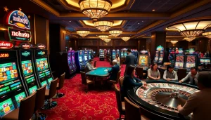 Players engage at nohu90 casino tables, celebrating wins with dealer and vibrant slot machines.