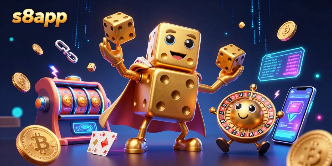 Experience thrilling wins at s8app with a vibrant 3D casino scene full of golden dice, crypto coins, and dynamic game elements.