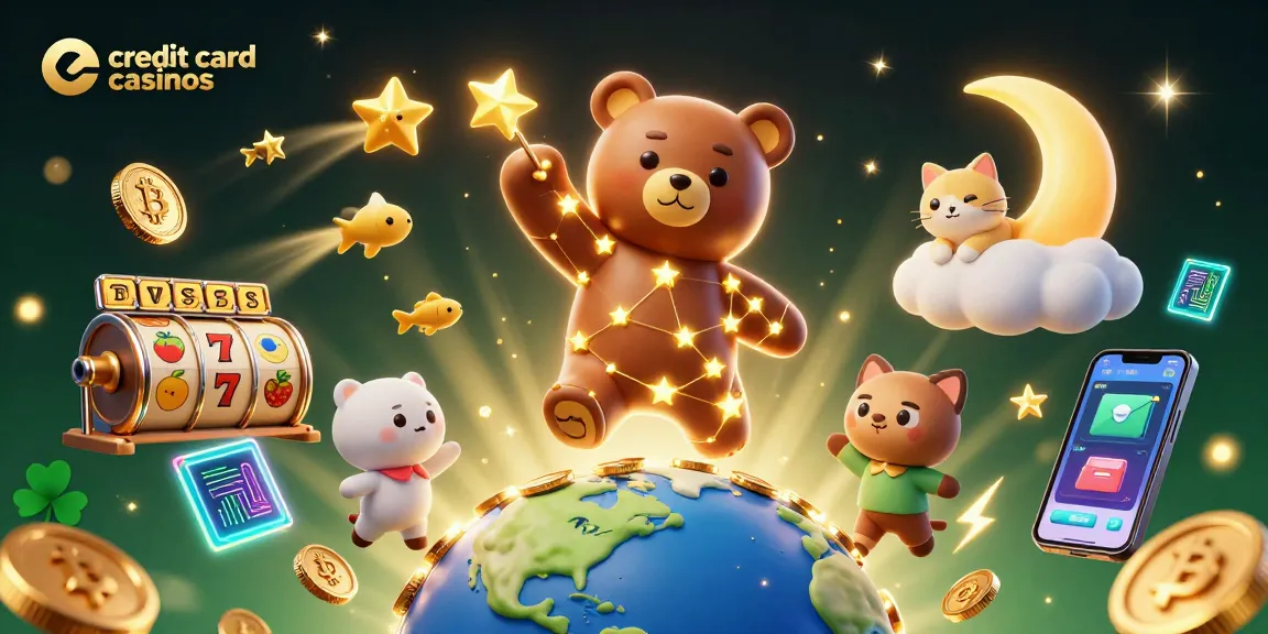 Explore the vibrant world of credit card casinos with a constellation bear and gaming elements.