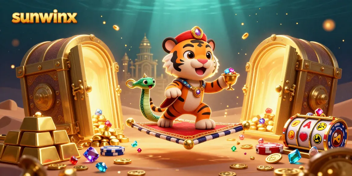 Play exciting casino games with sunwinx in this vibrant 3D gambling illustration featuring rich golden treasures.