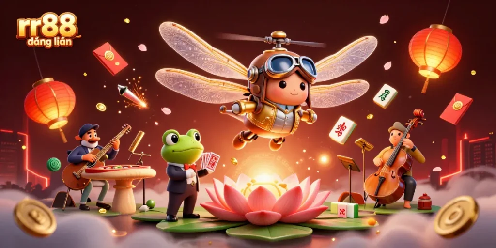 Experience the excitement of rr88 đăng nhập with a vibrant casino scene featuring unique characters and game elements.