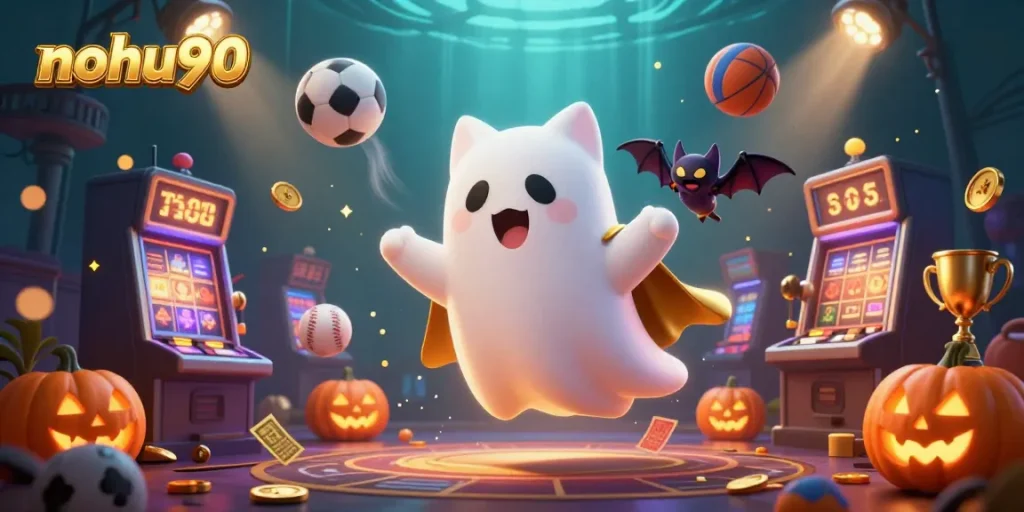 The ghost cat of nohu90 navigates through a haunted casino, encountering glowing pumpkin poker faces and vibrant sports elements.
