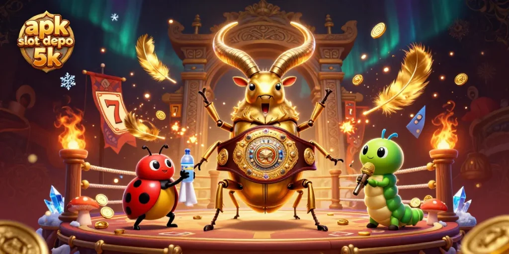 Engage with apk slot depo 5k vividly illustrated, featuring dynamic slot elements and animated characters showcasing a thrilling gambling experience.